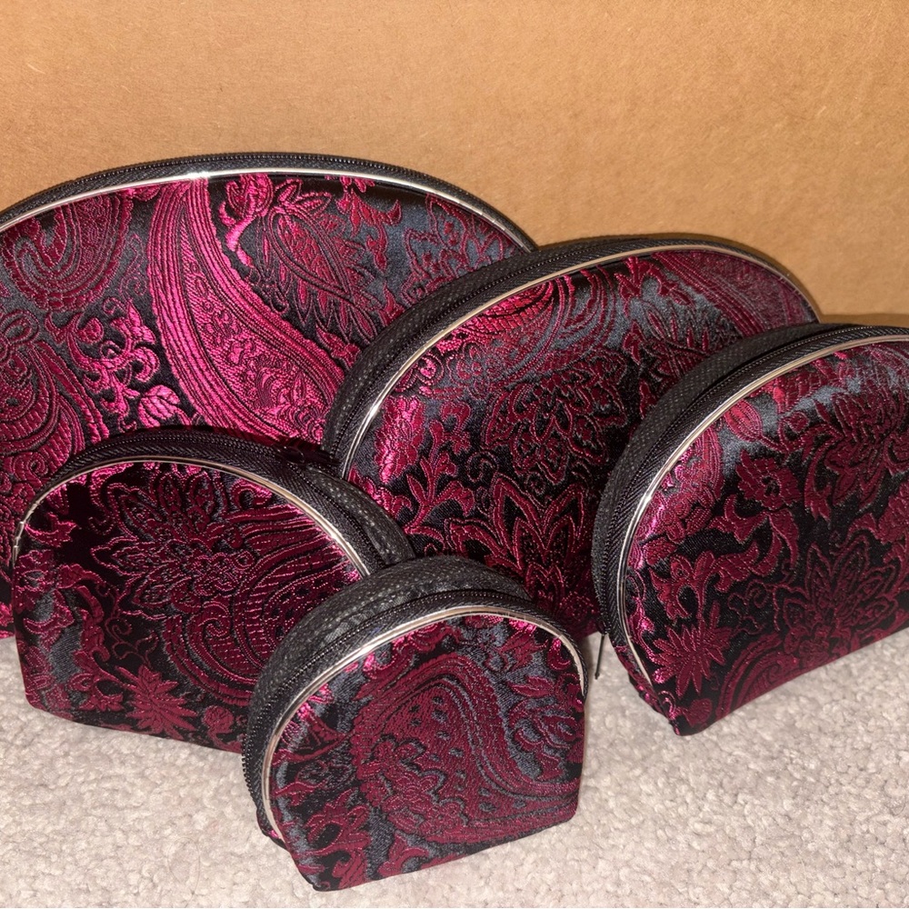Set of 4 Paisley Half-Moon Cosmetic Pouches in Deep Fuchsia and Black